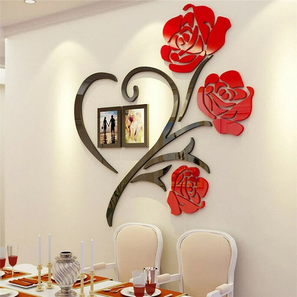 3D Heart Shaped Rose Acrylic Mirror Wall For Living Room Sofa and  TV Wall Bedroom Photo Frame Decoration