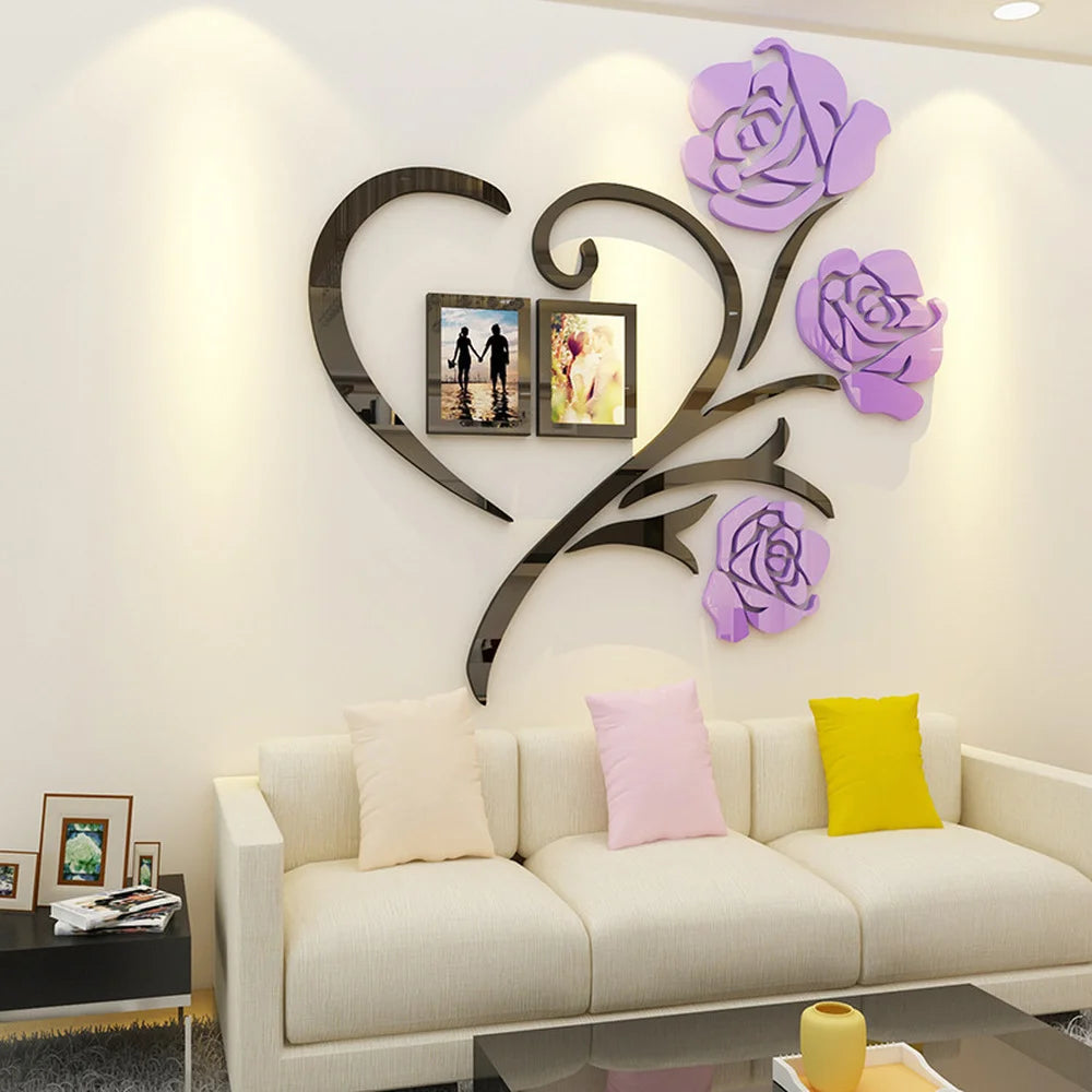 3D Heart Shaped Rose Acrylic Mirror Wall For Living Room Sofa and  TV Wall Bedroom Photo Frame Decoration