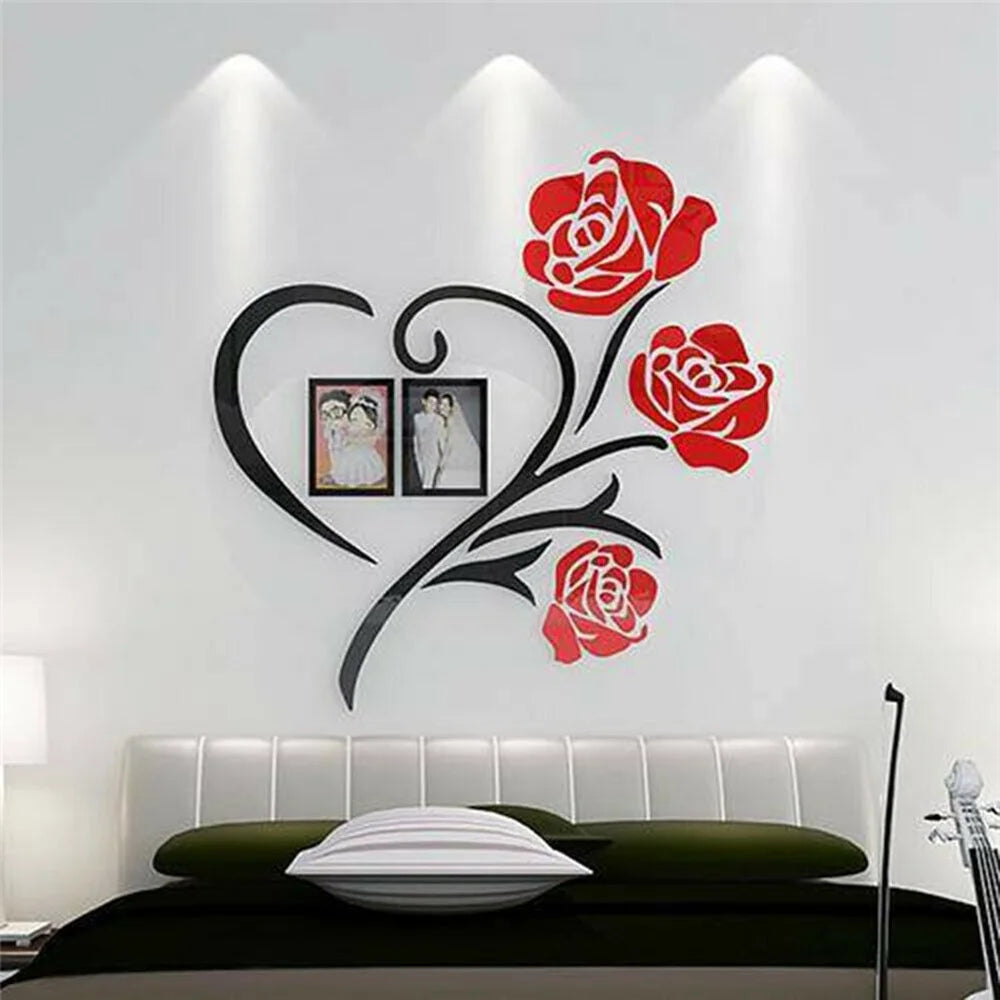 3D Heart Shaped Rose Acrylic Mirror Wall For Living Room Sofa and  TV Wall Bedroom Photo Frame Decoration