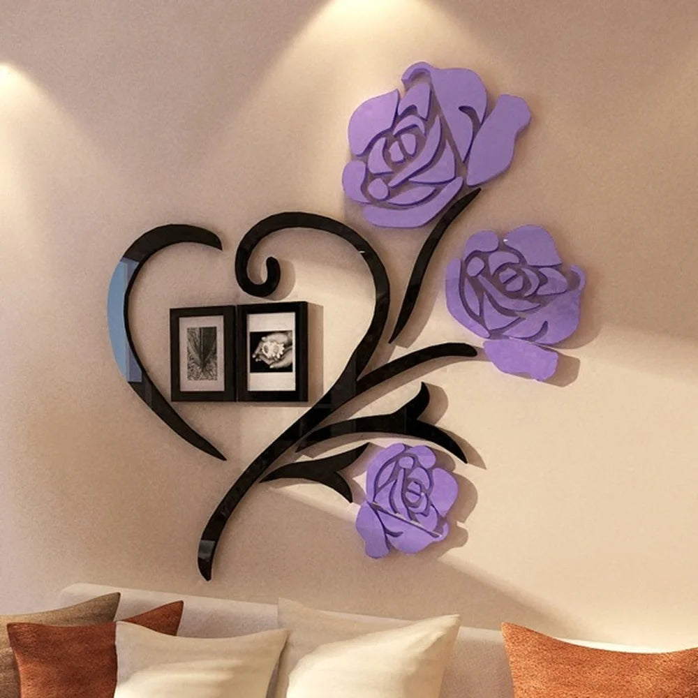 3D Heart Shaped Rose Acrylic Mirror Wall For Living Room Sofa and  TV Wall Bedroom Photo Frame Decoration