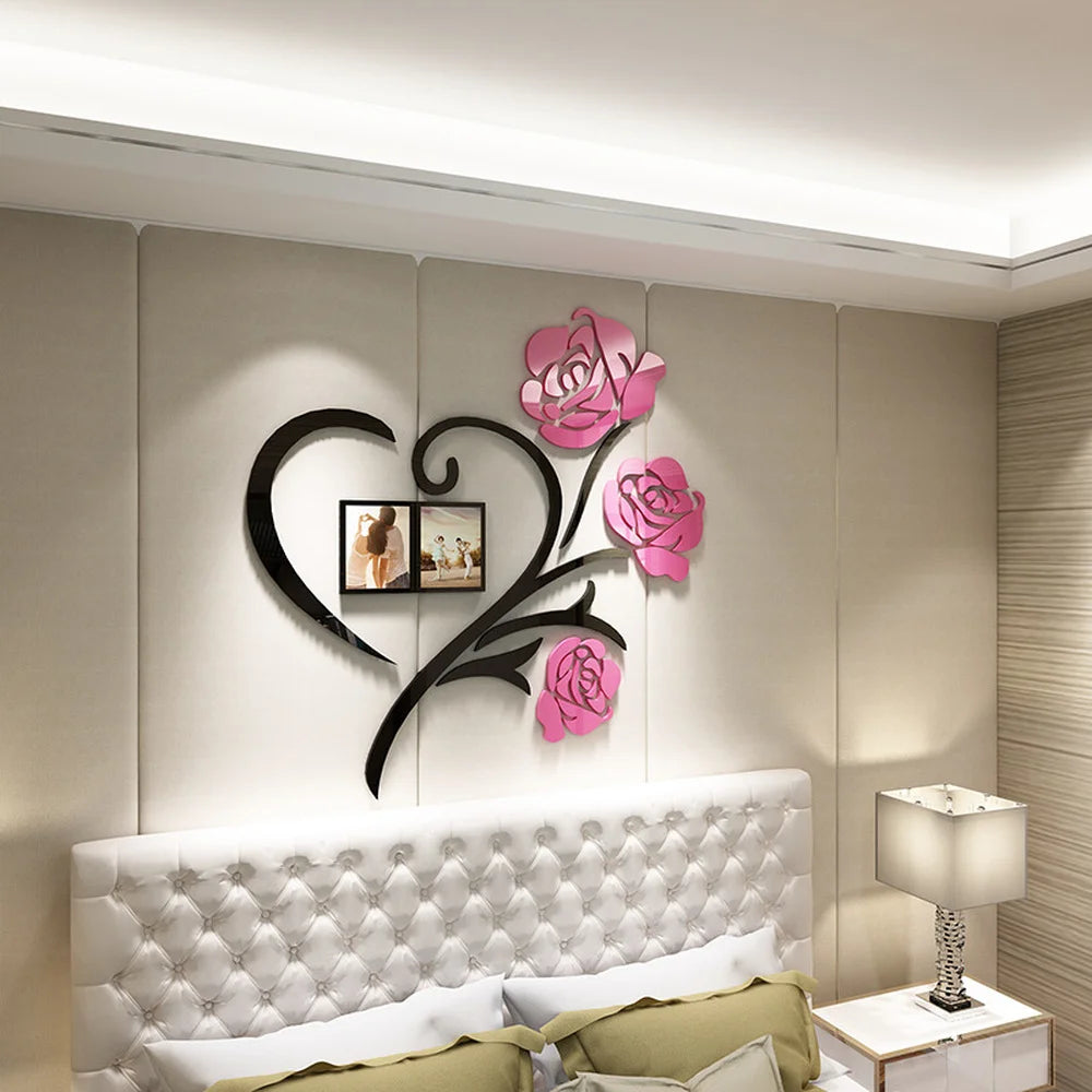 3D Heart Shaped Rose Acrylic Mirror Wall For Living Room Sofa and  TV Wall Bedroom Photo Frame Decoration