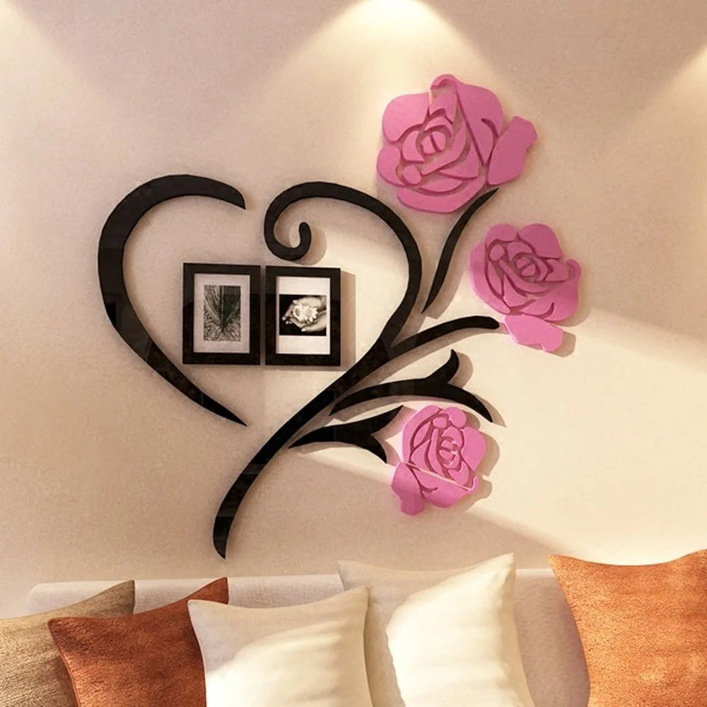 3D Heart Shaped Rose Acrylic Mirror Wall For Living Room Sofa and  TV Wall Bedroom Photo Frame Decoration